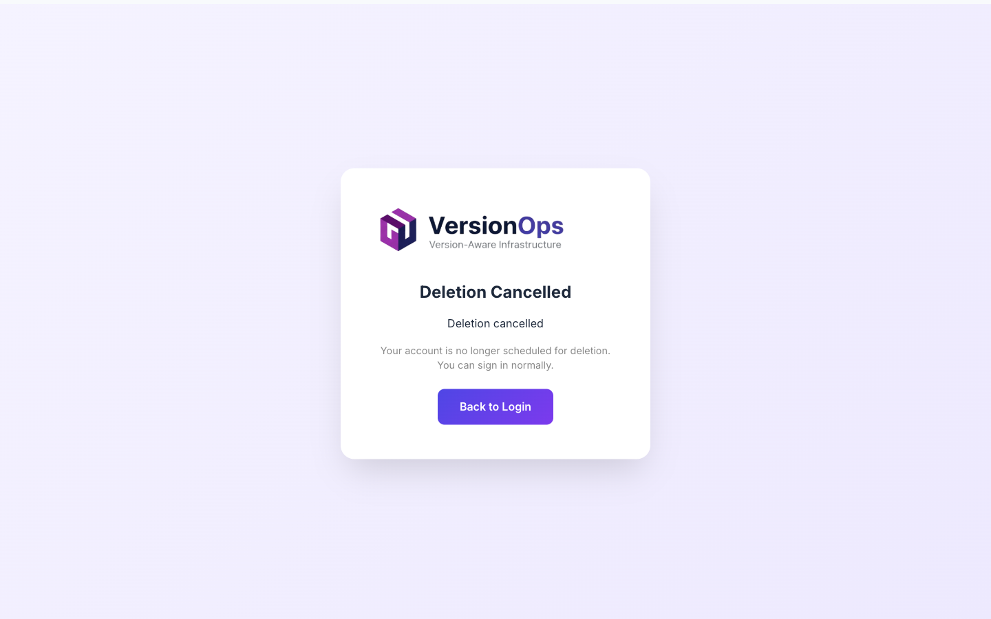 Cancel-account-deletion success page reached from the email link