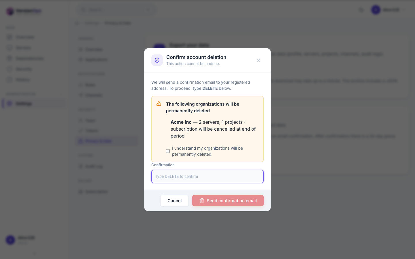 Confirmation modal showing the impact preview for sole-member organizations