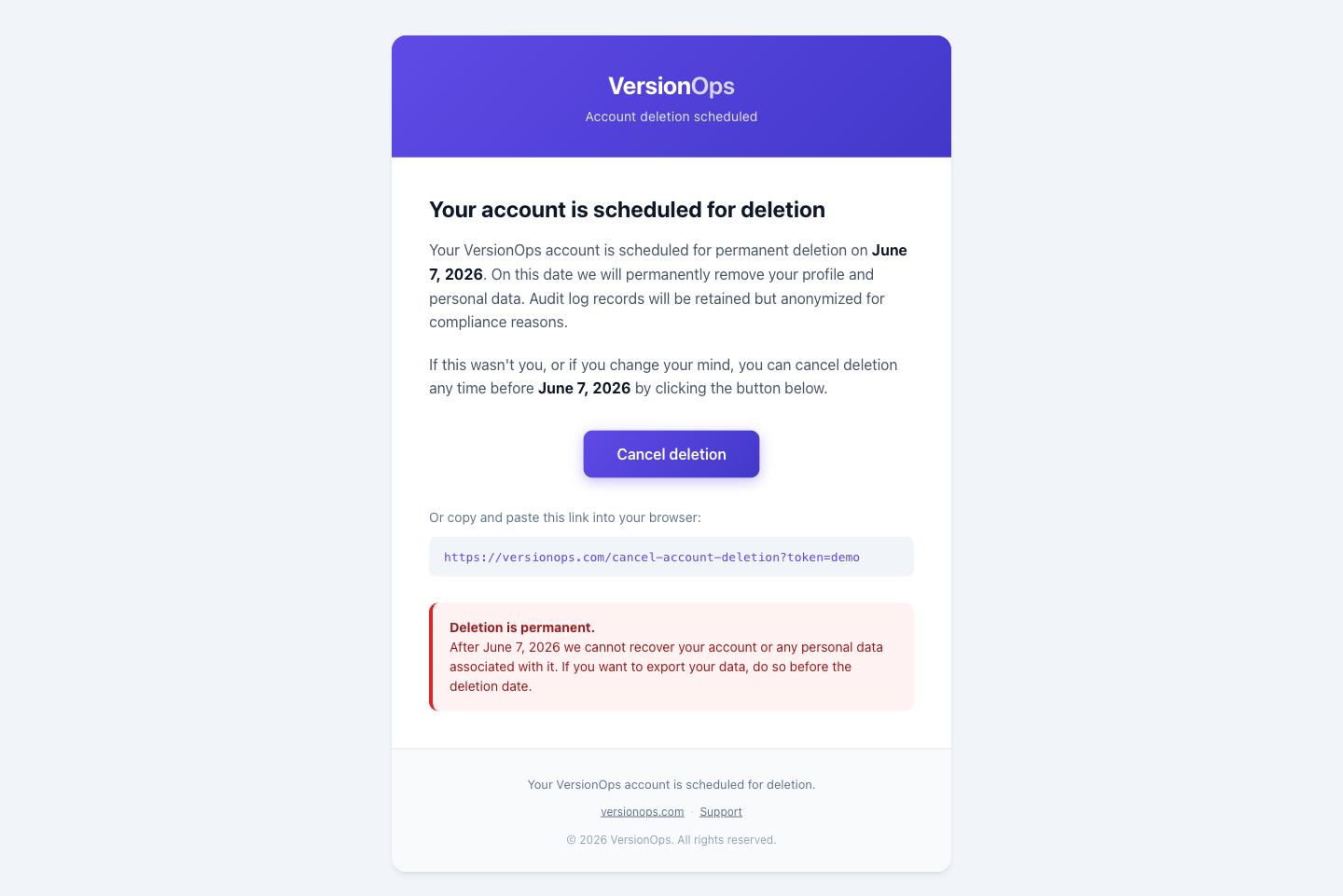 Scheduled-deletion email with grace-period date and one-click cancel button