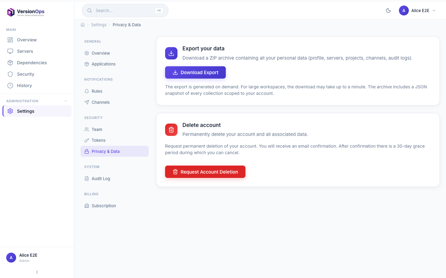 Privacy & Data settings page with Export your data card